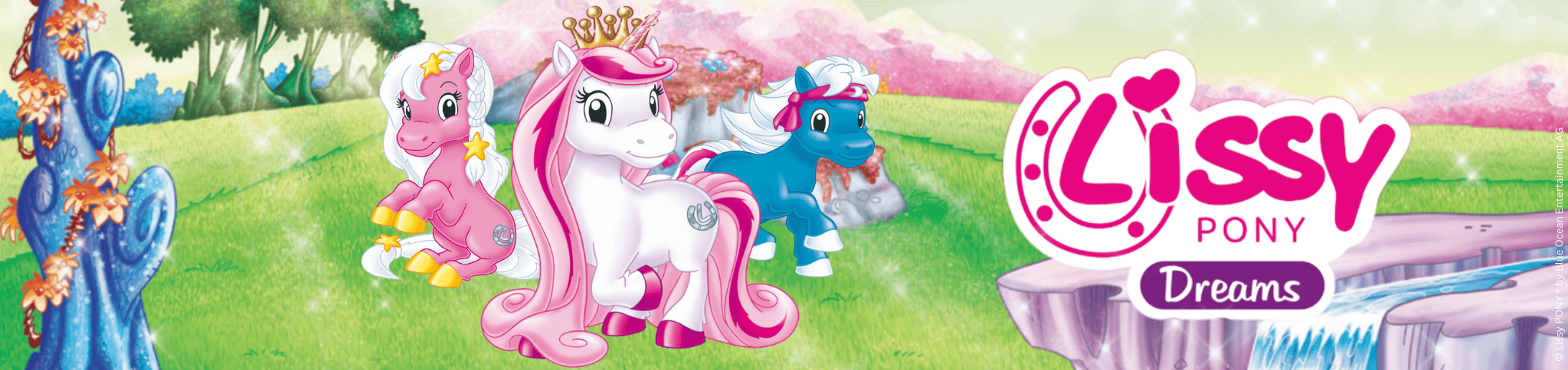 Lissy PONY Banner zu den Original-Hörspielen. Zu sehen sind drei Ponys aus der Serie und das Logo.