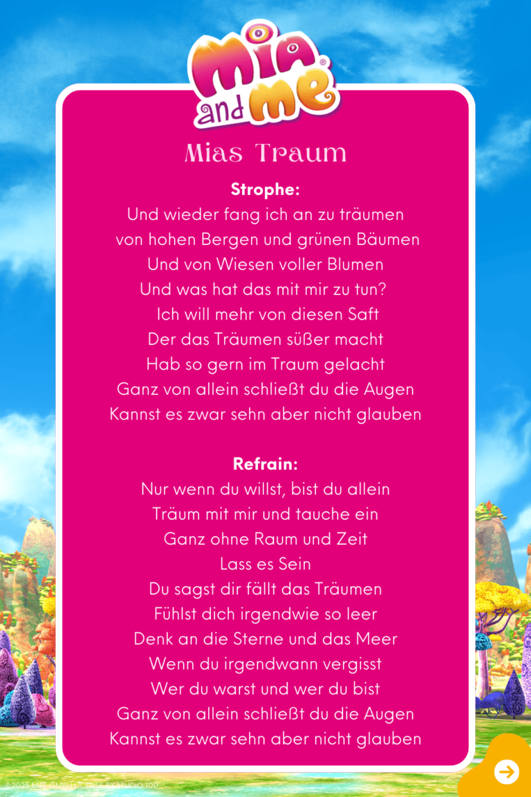 Songtext zum Lied "Mias Traum" Seite 1 aus dem Original Liederalbum von Mia and me