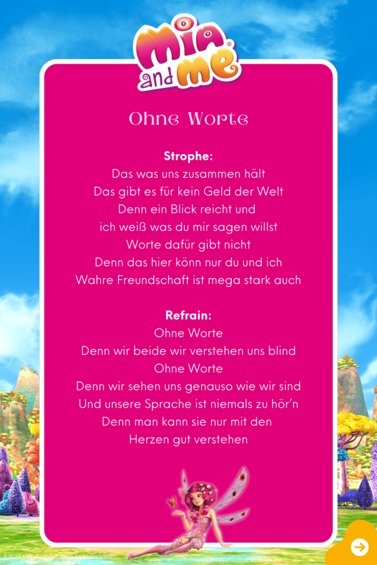 Songtext zum Lied "Ohne Worte" Seite 1 aus dem Original Liederalbum von Mia and me