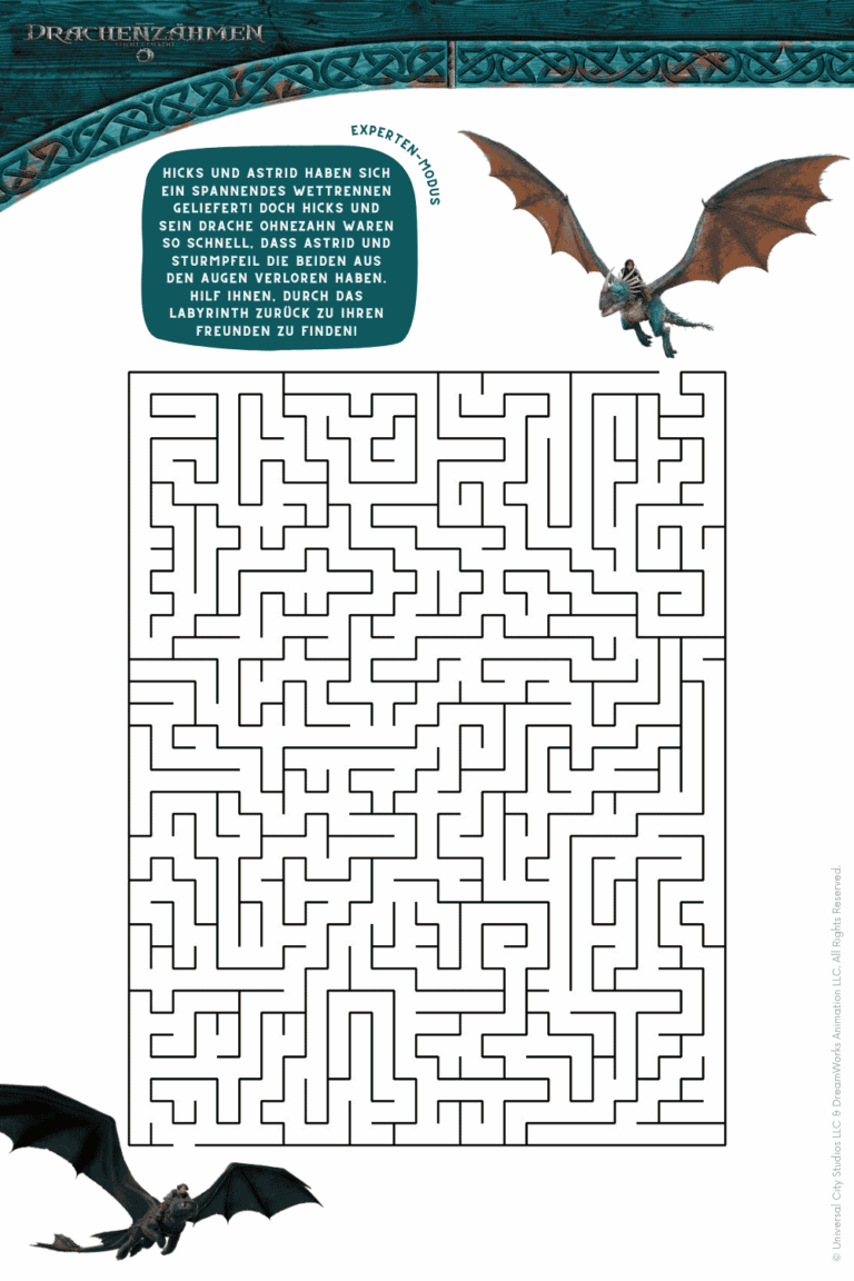Rätsel zum Ausdrucken, Labyrinth zu Drachenzähmen leicht gemacht