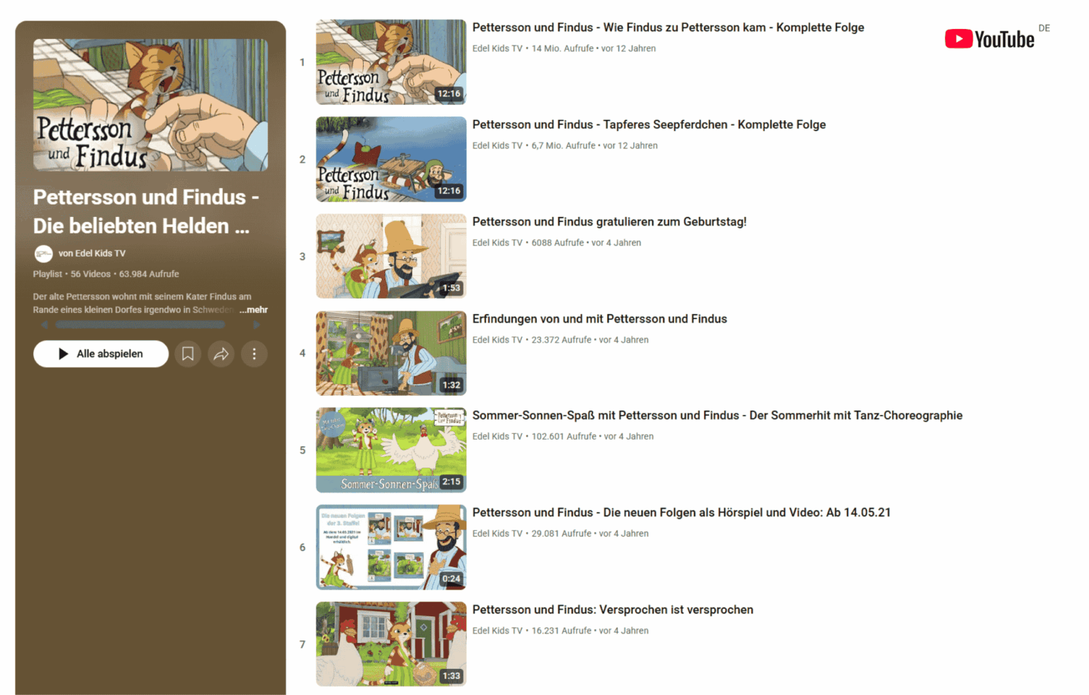 YouTube-Playlist der Pettersson und Findus YouTube-Videos