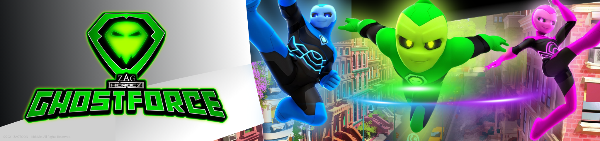 Website Header Banner von Ghostforce. Man sieht die Hauptcharaktere und das Logo von Ghostforce.