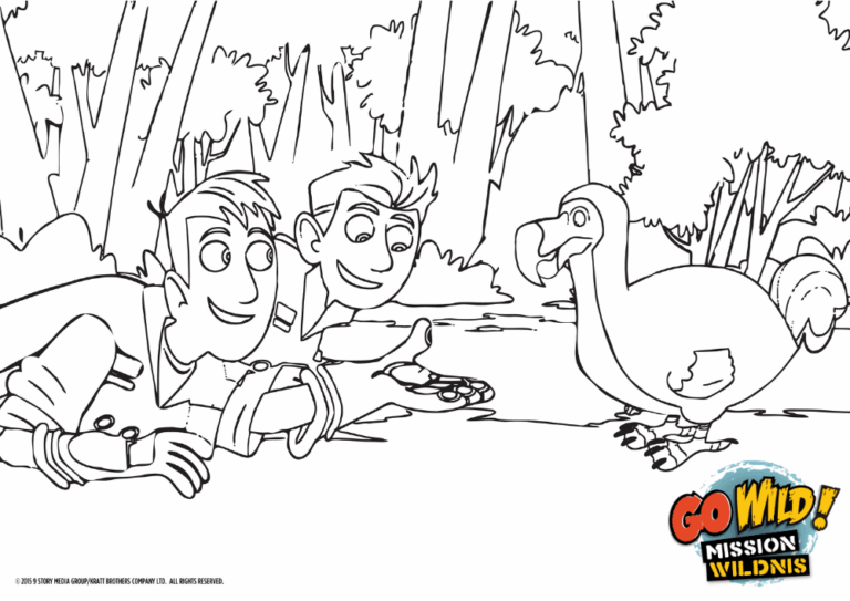 Ausmalbild von Go Wild Mission Wildnis mit den beiden Brüdern und einem Vogel.