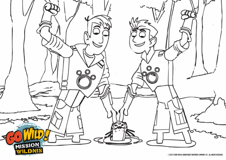 Ausmalbild von Go Wild Mission Wildnis mit den beiden Brüdern und einem Otter.