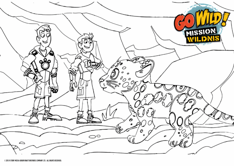 Ausmalbild von Go Wild Mission Wildnis mit den beiden Brüdern und einem Leopardenjungen.