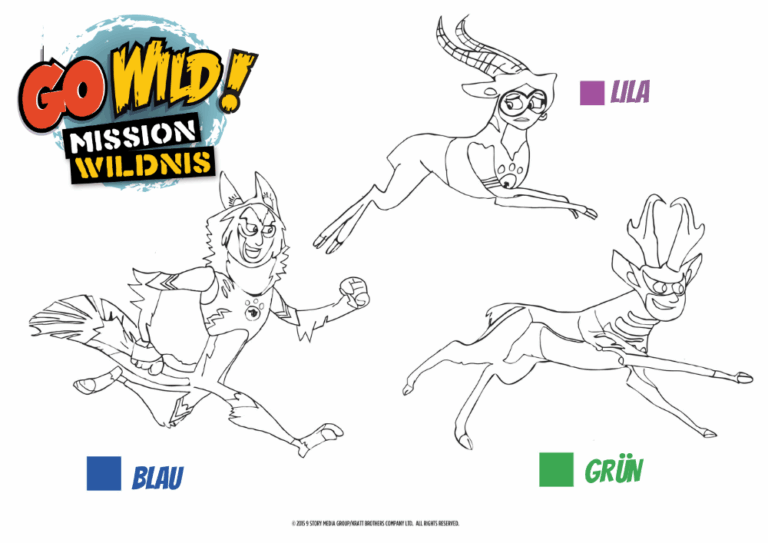 Ausmalbild von Go Wild Mission Wildnis mit den Charakteren in verschiedenen Wildpower-Anzügen.