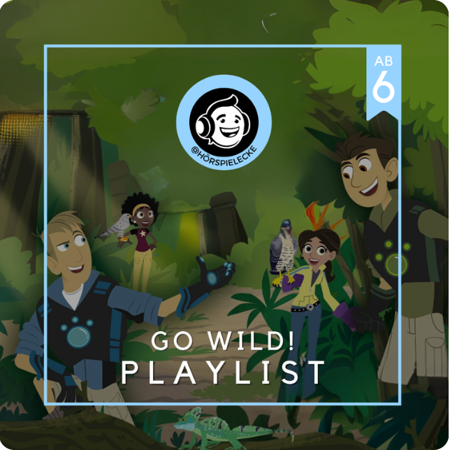 Go Wild Hörspielplaylist mit allen Folgen. Abgebildet sind die Kratt Kinder