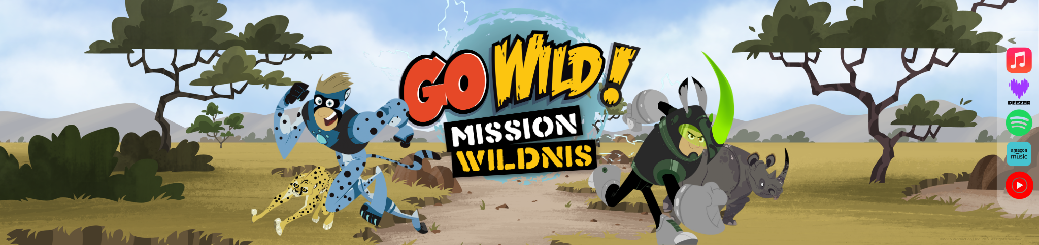 In dem Header Banner sieht man das Logo von Go Wild und die beiden Brüder Chris und Martin mit Nashorn- und mit Geparden-Power.