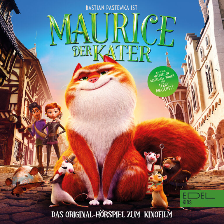 Man sieht das Hörspiel-Cover zu Maurice der Kater: Das Original-Hörspiel zum Kinofilm. Zu sehen ist der orangefarbene Kater Maurie im Vordergrund sitzen und weitere Charaktere aus dem Film im Hintergrund. Ebenfalls kann man die Überschrift "Maurice der Kater" und das Logo von Edel Kids sehen.