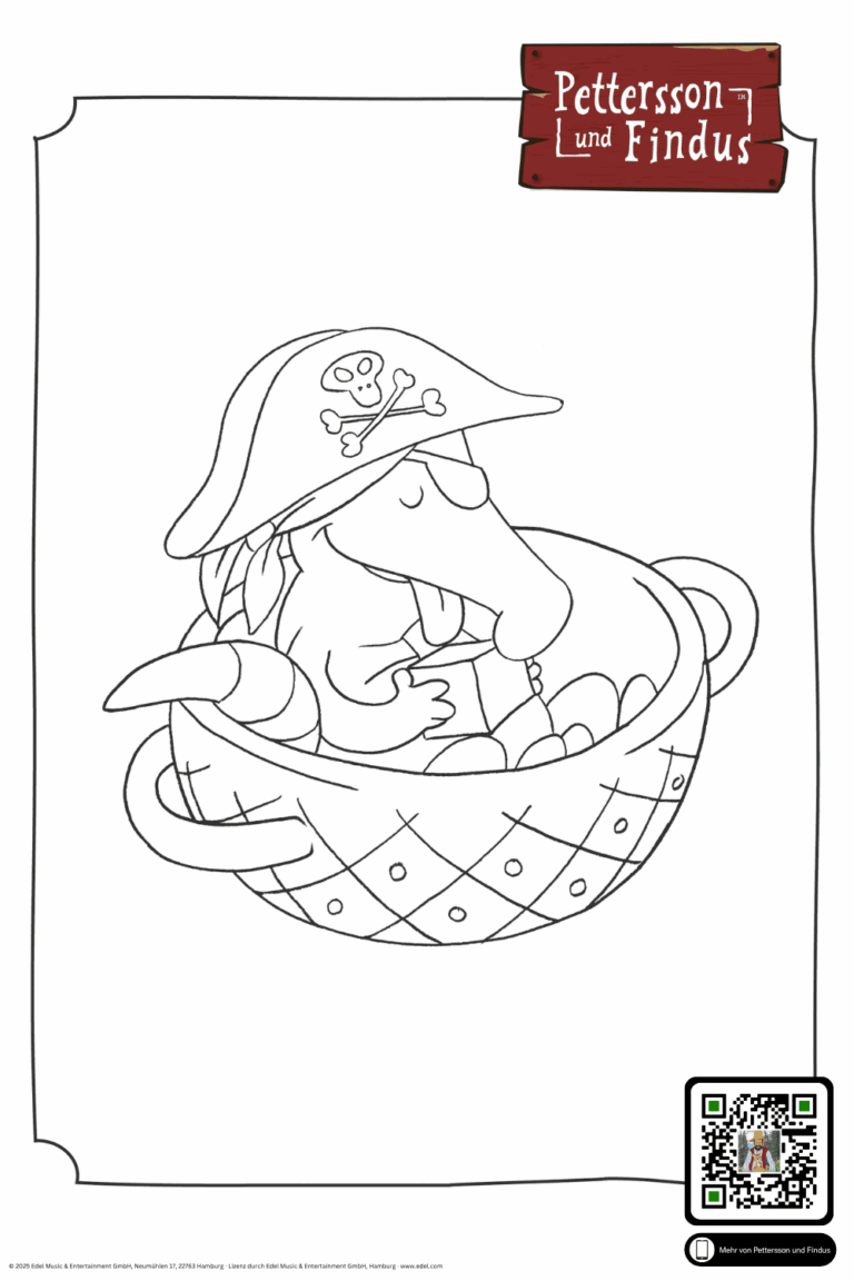 Malvorlage Muckla mit Zuckerstück in Tasse und Piratenhut