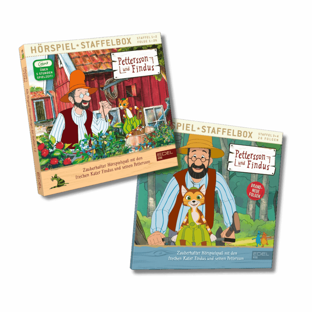 Produktbilder der Hörspielstaffelbox zur TV-Serie von Pettersson und Findus von Staffel 1 und Staffel 2