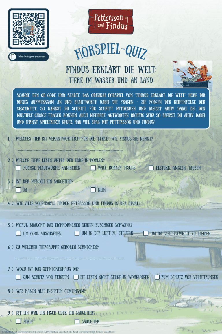 Hörspiel-Quiz zum Hörspiel von Findus erklärt die Welt. Im Hintergrund ist ein See abgebildet. Zu sehen sind Fragen, die mithilfe des Hörspiels beantwortet werden sollen.