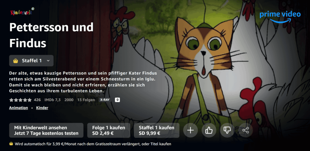 Startbild der Kinderwelt bei Prime Video mit den Serienfolgen von Pettersson und Findus
