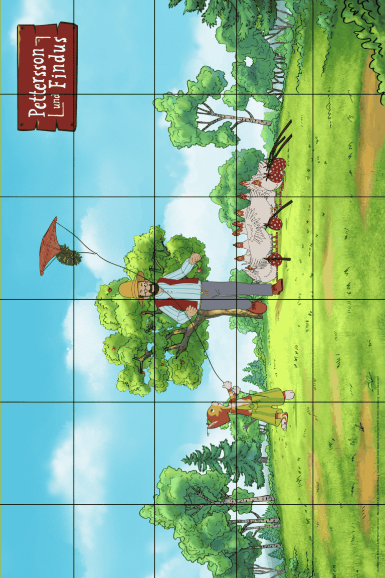 Puzzle zu Pettersson und Findus mit dem Motiv Drachensteigen auf der Wiese. Im Hintergrund ist ein Baum zu sehen, unter dem die Hühner sitzen. Im Vordergrund sieht man, wie Pettersson und Findus einen Drachen steigen lassen