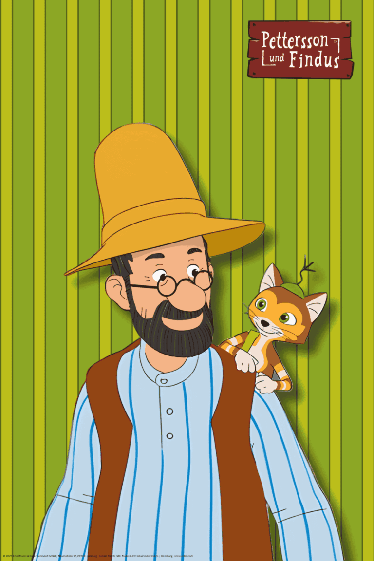 Handyhintergrund Pettersson und Findus. Zu sehen sind die beiden Freunde vor einem grün-gestreiften Hintergrund.