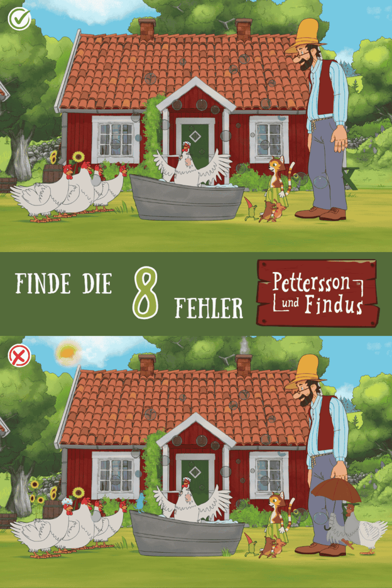 Fehlersuche zu Pettersson und Findus mit dem Motiv des Schwedenhauses. Zu sehen sind die Freunde im Garten vor dem Schwedenhaus. Es sind jeweils zwei Bilder abgebildet, wobei das untere Fehler beinhaltet. Ein Huhn sitzt in einer Wanne, die anderen stehen daneben und beobachten es.