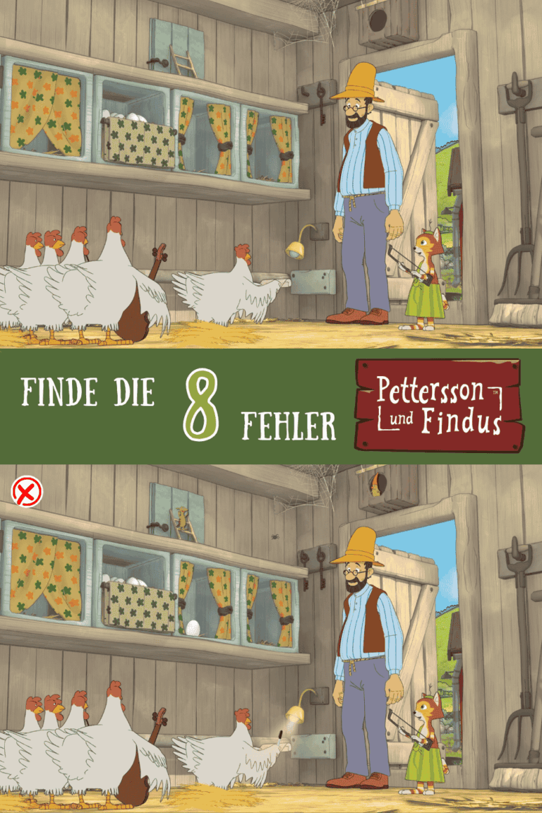 Fehlersuche zu Pettersson und Findus mit dem Motiv des Hühnerstalls. Die Gruppe steht im Hühnerstall. Ein Huhn hat eine Geige in der Hand. Zu sehen sind jeweils zwei gleiche Bilder, wobei sich im unteren Fehler eingeschlichen haben.