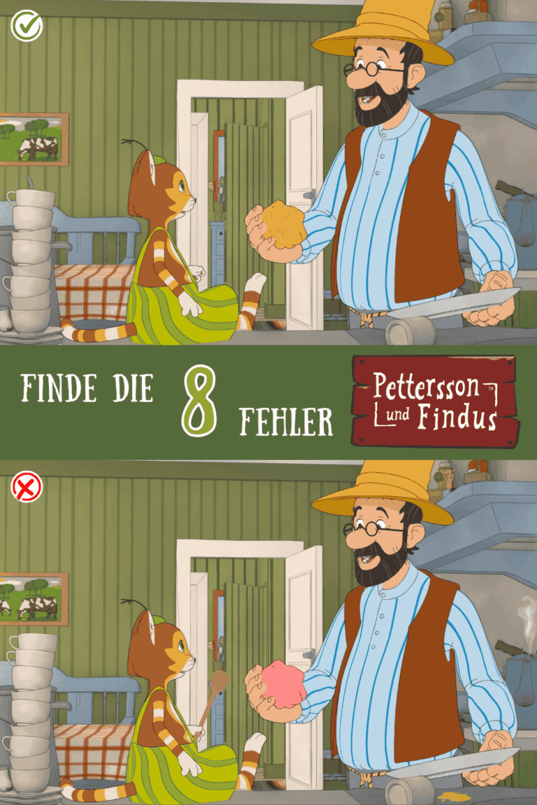 Fehlersuche zu Pettersson und Findus mit dem Motiv der Küche. Die zwei Freunde waschen einen großen Geschirrstapel ab. Gesucht werden acht Fehler im unteren Bild.