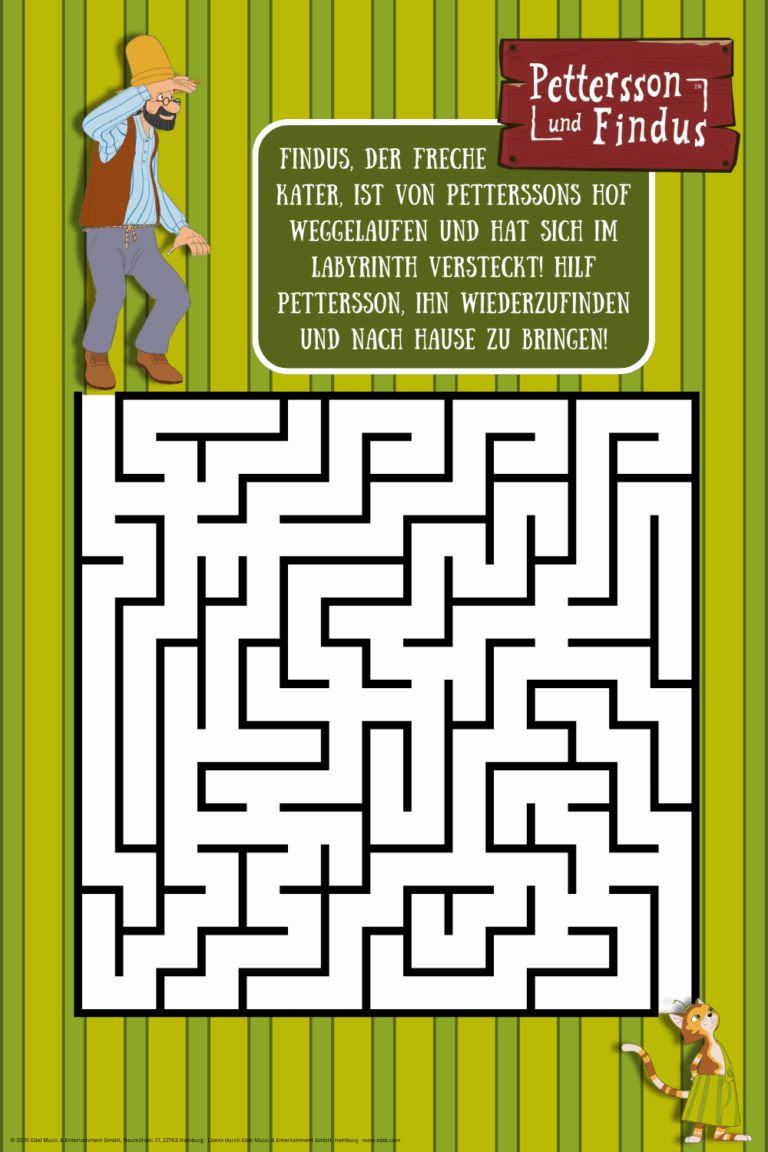 Labyrinth zu Pettersson und Findus. Man sieht wie Pettersson nach Findus sucht und ihm soll geholfen werden, ihn durch ein Labyrinth zu seinem Kater zu führen.