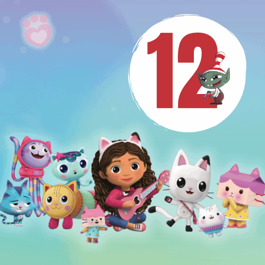 Auf dem Adventskalendertürchen 12 sind die Hauptcharaktere von Gabby's Dollhouse abgebildet