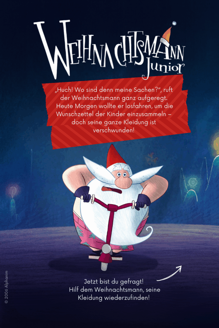 Man sieht den Weihnachtsmann ohne Kleidung und den Hinweis, dass er Hilfe benötigt. Dies ist die Bastelanleitung für die Bastelaufgabe "Kleidung für den Weihnachtsmann".