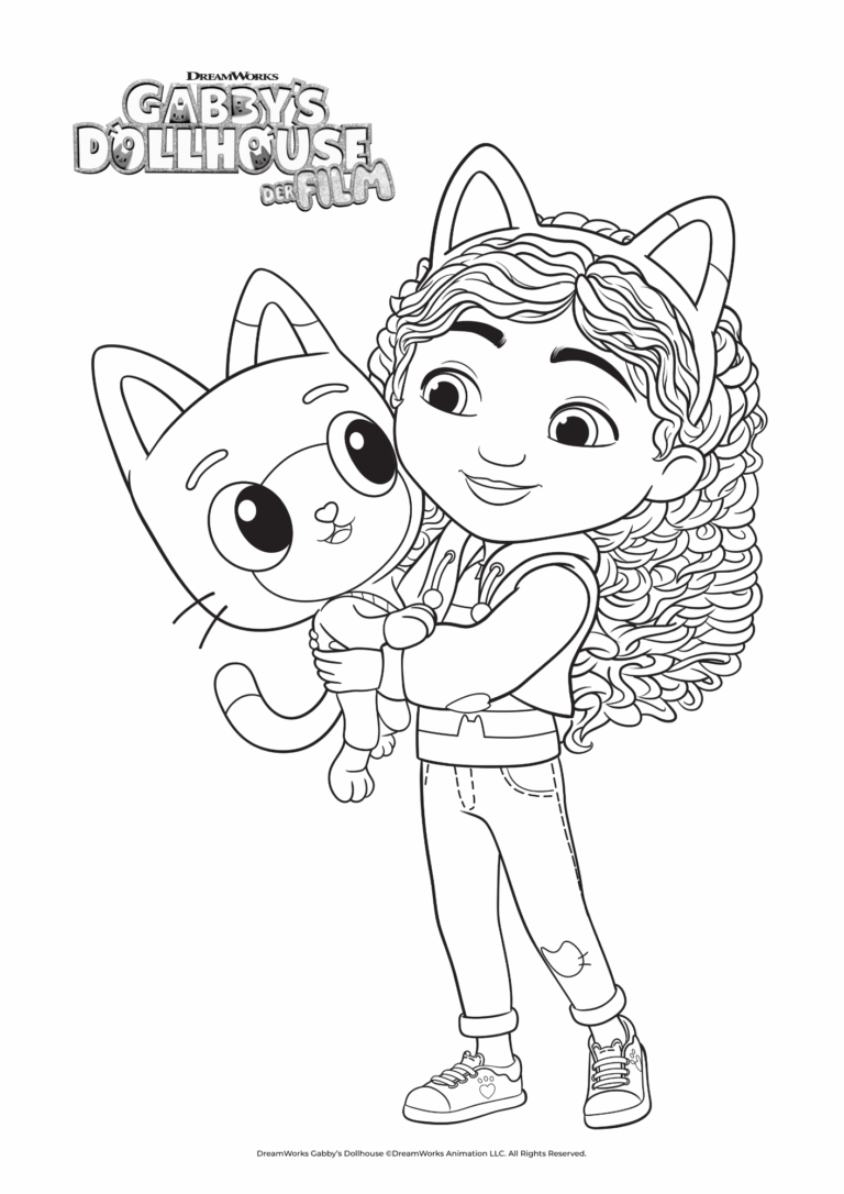 Ausmalbild von Gabby mit Panda Pfötchen auf dem Arm.