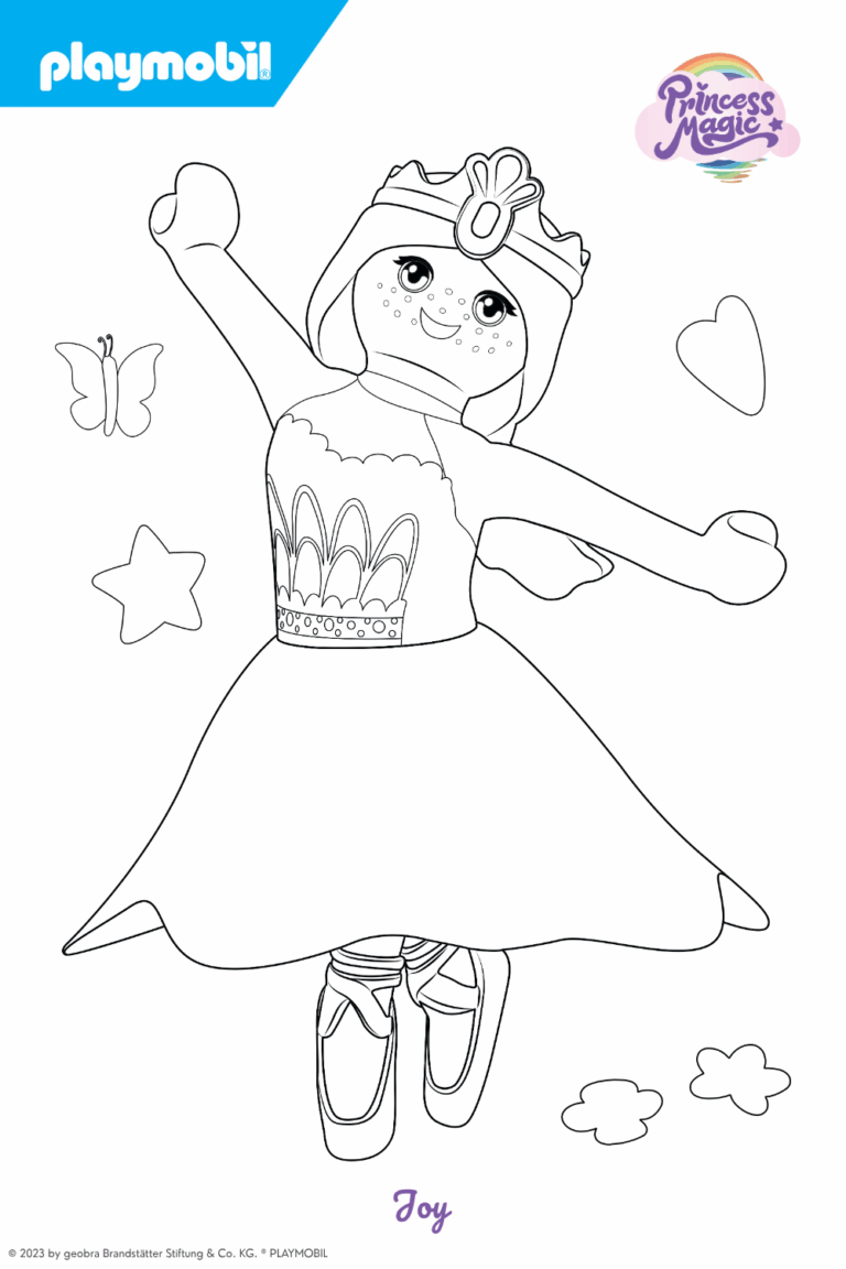 Dies ist ein Ausmalbild zu Playmobil - Princess Magic. Abgebildet ist die Prinzessin Joy, die eine Krone und ein Kleid trägt, die nach Wunsch bunt ausgemalt werden können. Die Malvorlagen gehören zu den Original-Hörspielen und können kostenlos heruntergeladen werden.