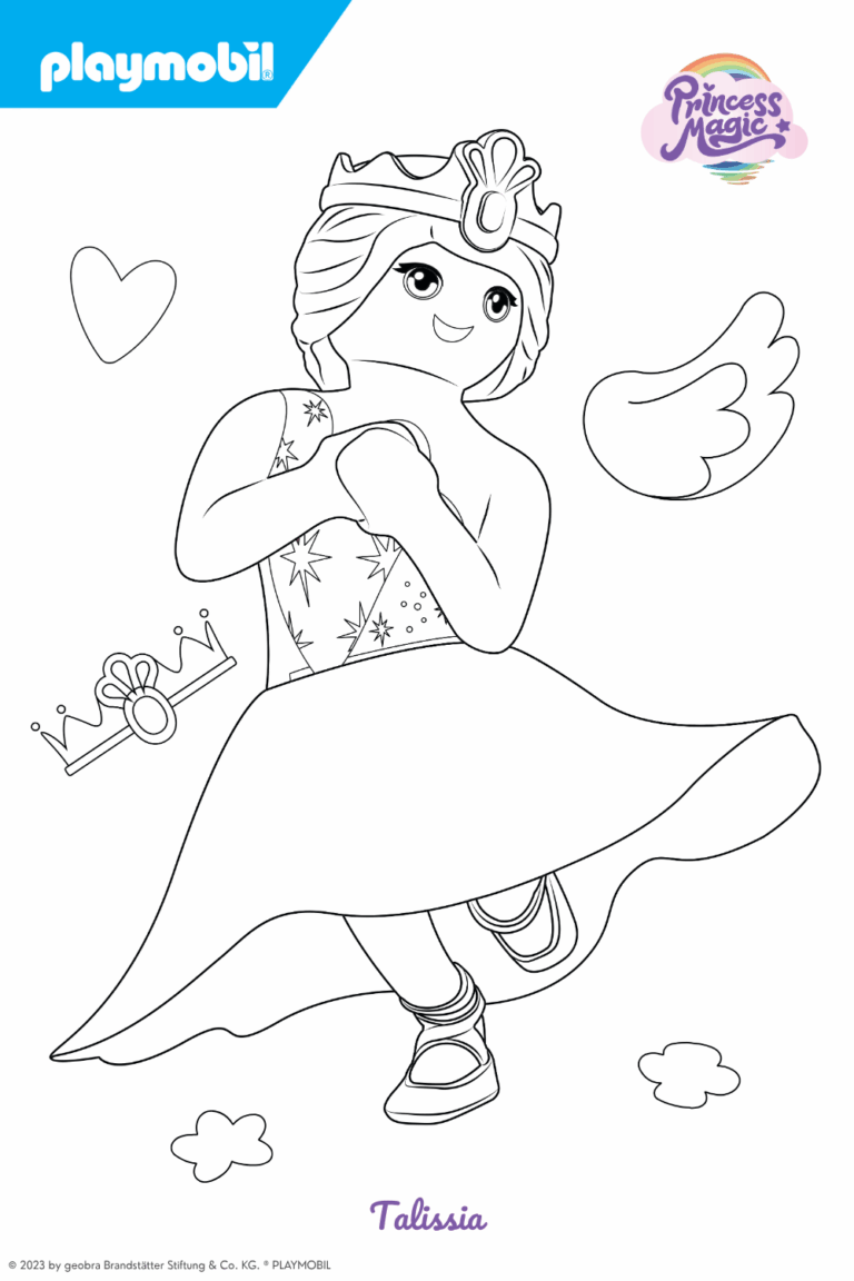 Dies ist ein Ausmalbild zu Playmobil - Princess Magic. Abgebildet ist die Prinzessin Talissia, die eine Krone und ein Kleid trägt, die nach Wunsch bunt ausgemalt werden können. Die Malvorlagen gehören zu den Original-Hörspielen und können kostenlos heruntergeladen werden.
