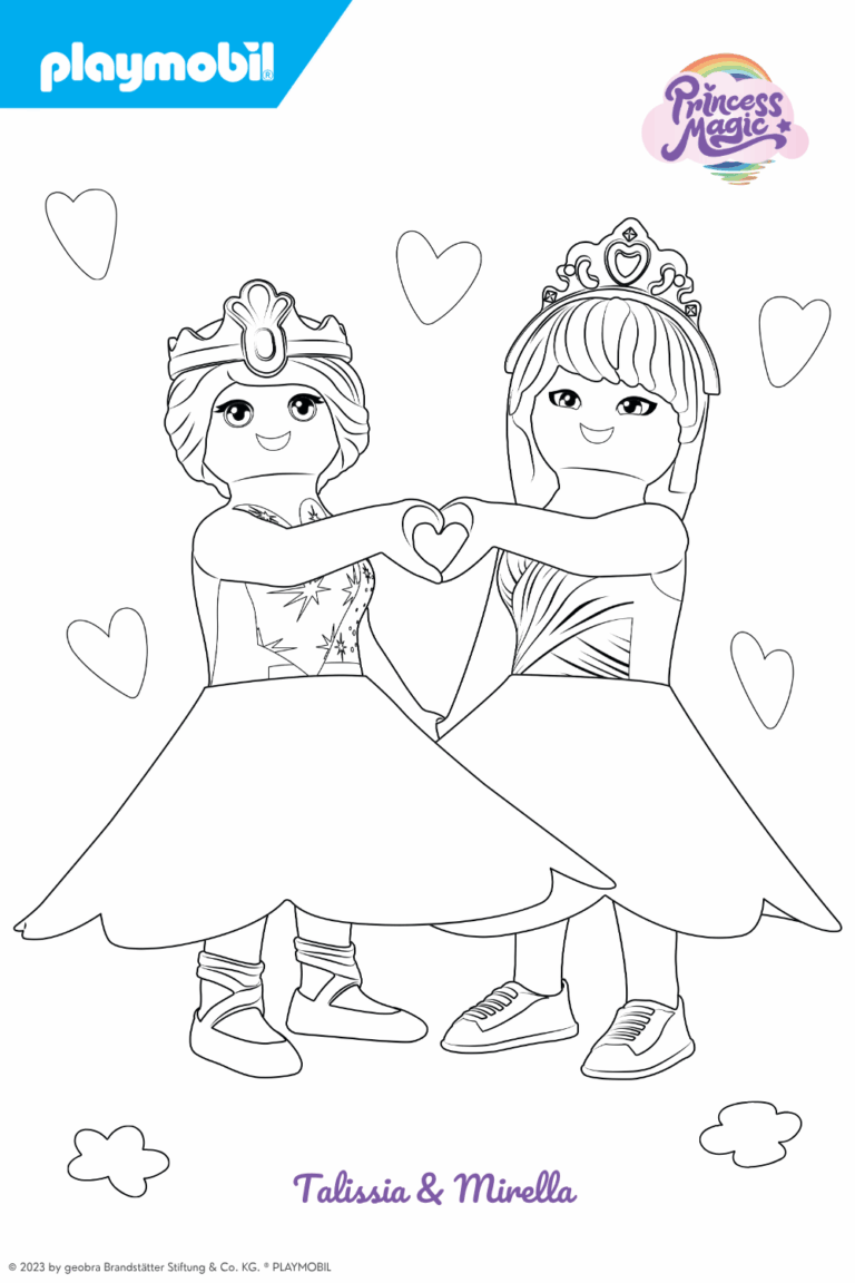 Dies ist ein Ausmalbild zu Playmobil - Princess Magic. Abgebildet sind die Prinzessinnen Talissia und Mirella, die mit ihren Händen ein Herz formen, Kronen aufhaben und Kleider anhaben, die nach Wunsch bunt ausgemalt werden können. Die Malvorlagen gehören zu den Original-Hörspielen und können kostenlos heruntergeladen werden.
