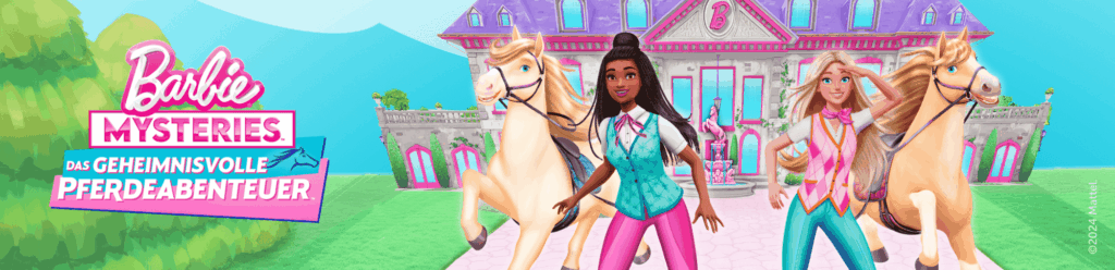 Banner zu Barbie Mysteries: Das geheimnisvolle Pferdeabenteuer, zu sehen sind die Barbies Brooklyn und Malibu und zwei Pferde