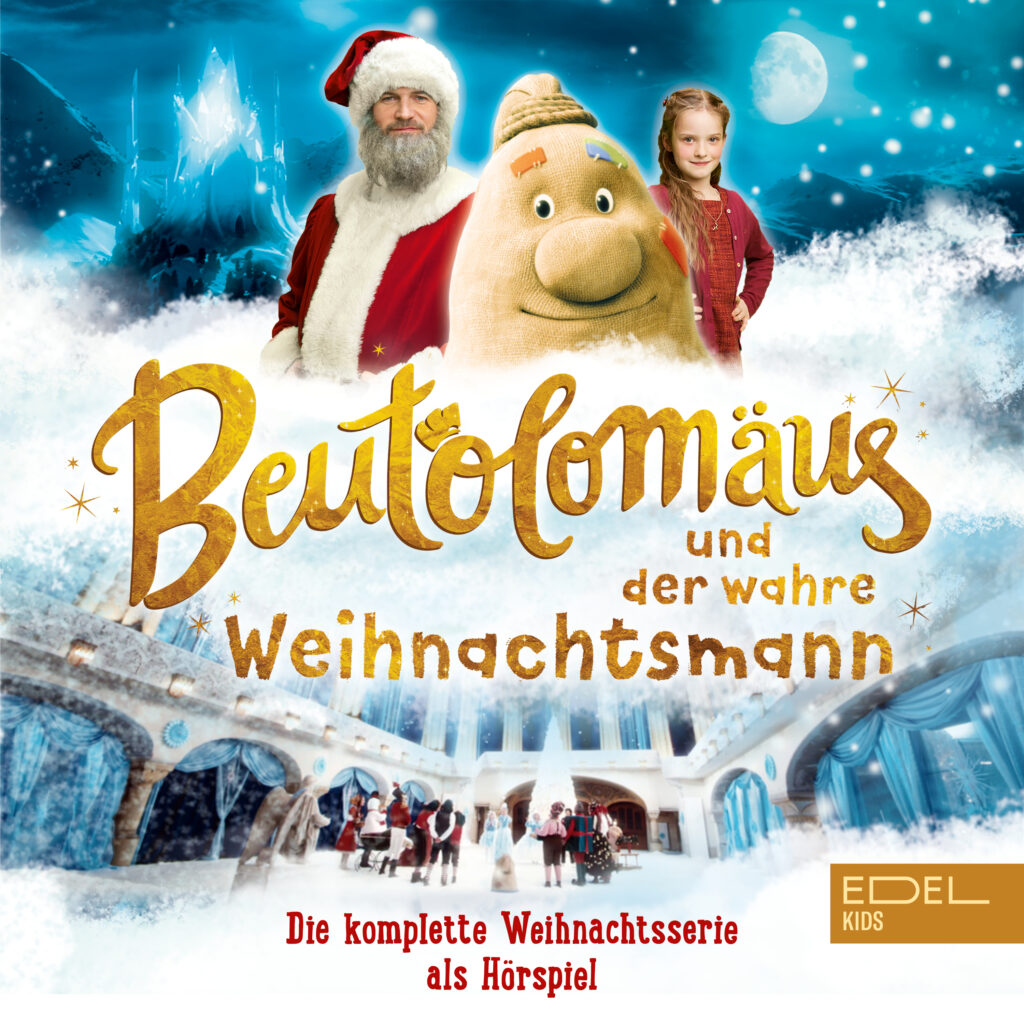 Hörbuch-Cover von Beutolomäus Sack. Man sieht Beutolomäus und den Weihnachtsmann in den Wolken.
