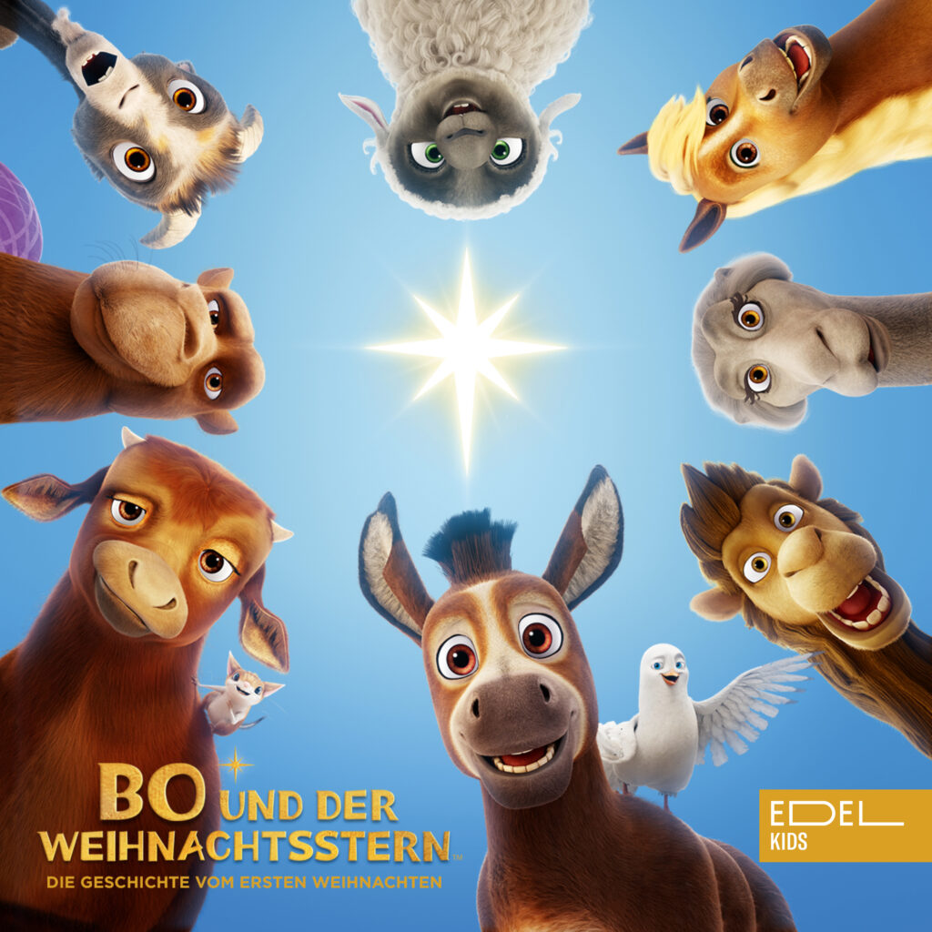 Hörbuch-Cover von Bo und der Weihnachtsstern. Man sieht alle Charaktere von oben in das Bild schauen.