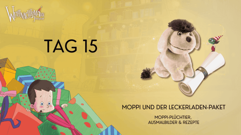 Gewinnspielpaket Tag 15 des Adventskalenders. Im Bild: Der Gewinn bestehend aus dem Plüschtier Moppi aus Moppi und der Leckerladen und kreativen Mitmach-Assets wie Rezepten und Ausmalbild