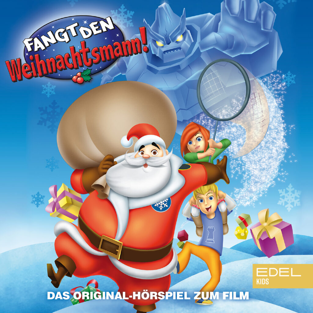 Das Hörbuch-Cover von Fangt den Weihnachtsmann. Man sieht den Weihnachtsmann und Kinder weglaufen.