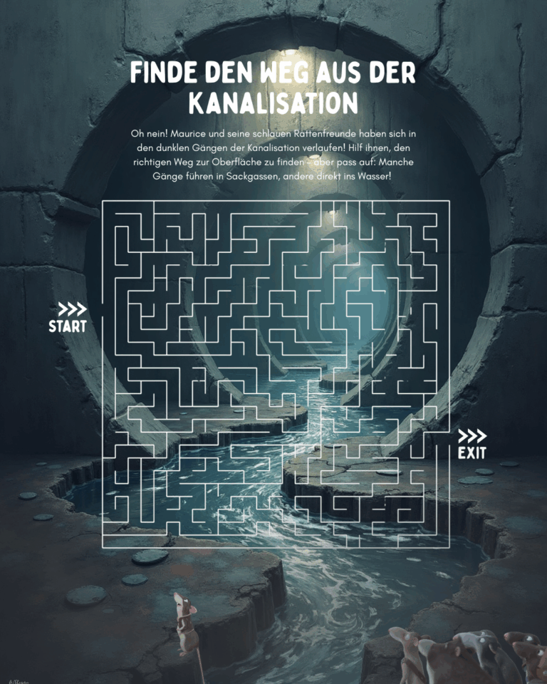 Man sieht ein Labyrinth-Rätsel im Vordergrund und eine grafische Darstellung einer Kanalisation im Hintergrund. Zudem steht die Aufgabe "Finde den Weg aus der Kanalisation" als Überschrift über dem Rätsel.
