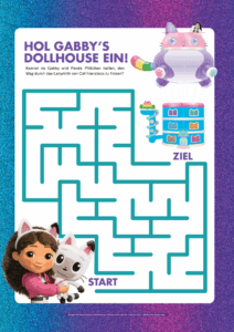 Man sieht ein Labyrinth-Rätsel mit Gabby und Panda Pfötchen am Start und dem Dollhouse am Ziel. In der Überschrift steht "Fang Gabby's Dollhouse ein!".