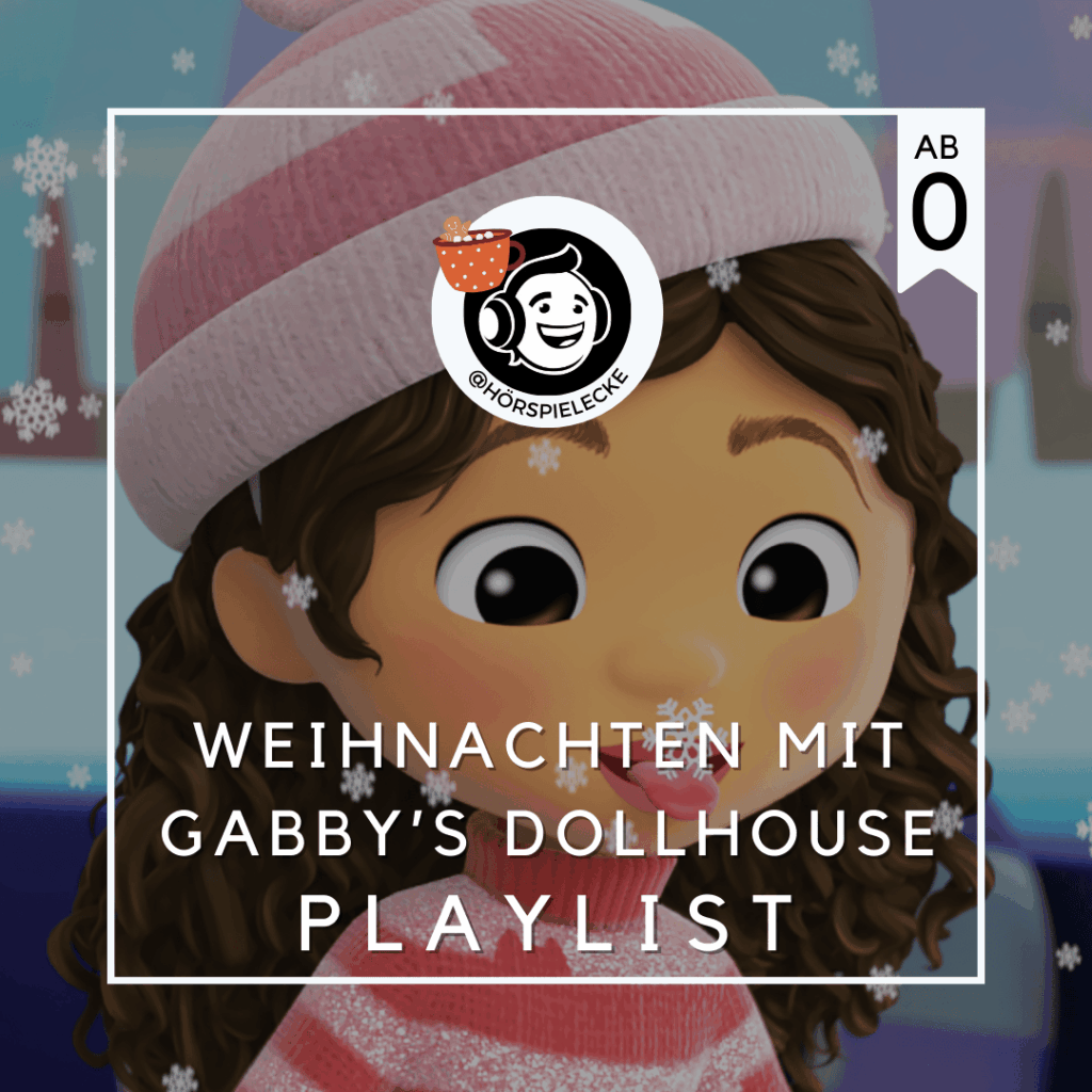 Gabby's Dollhouse Playlistcover mit Weihnachtsfolgen. Auf dem Bild sieht man Gabby mit einer rosa Mütze, die Schneeflocken fängt