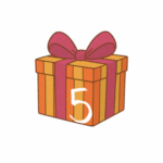 Geschenk in der Farbe orange gestreift mit einer roten Schleife zu Kalendertag 5. Das Geschenk führt zum Gewinnpaket von Princess Magic.