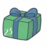 Geschenk in der Farbe Grün mit einer blauen Schleife zum Kalendertag 23. Das Geschenk führt zum Gewinnpaket von Barbie