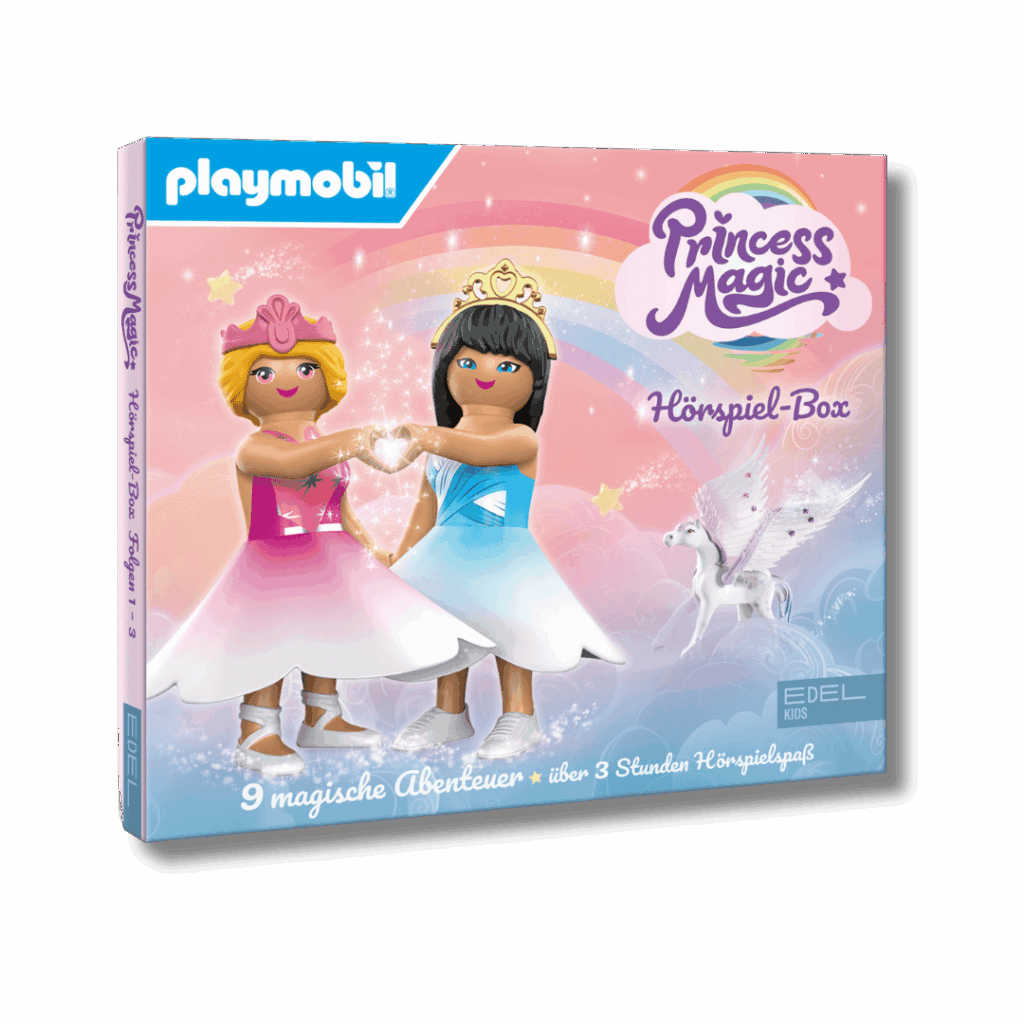 Hier sieht man ein Produktbild der Hörspiel-Box der Hörspielfolgen 1-3 zu Princess Magic. Diese beinhaltet die Original-Hörspiele zu den Playmobil-Geschichten von Princess Magic