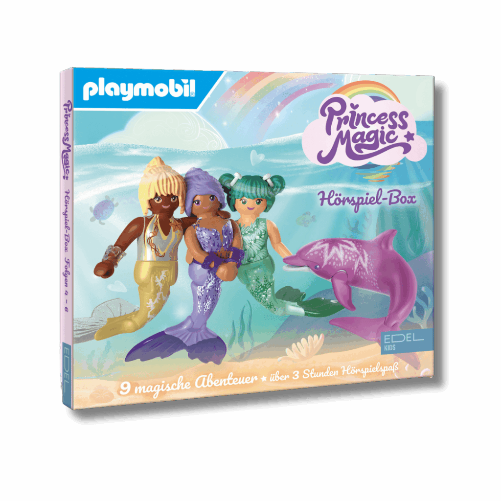 Hier sieht man ein Produktbild der Hörspiel-Box der Hörspielfolgen 4-6 zu Princess Magic. Diese beinhaltet die Original-Hörspiele zu den Playmobil-Geschichten von Princess Magic.