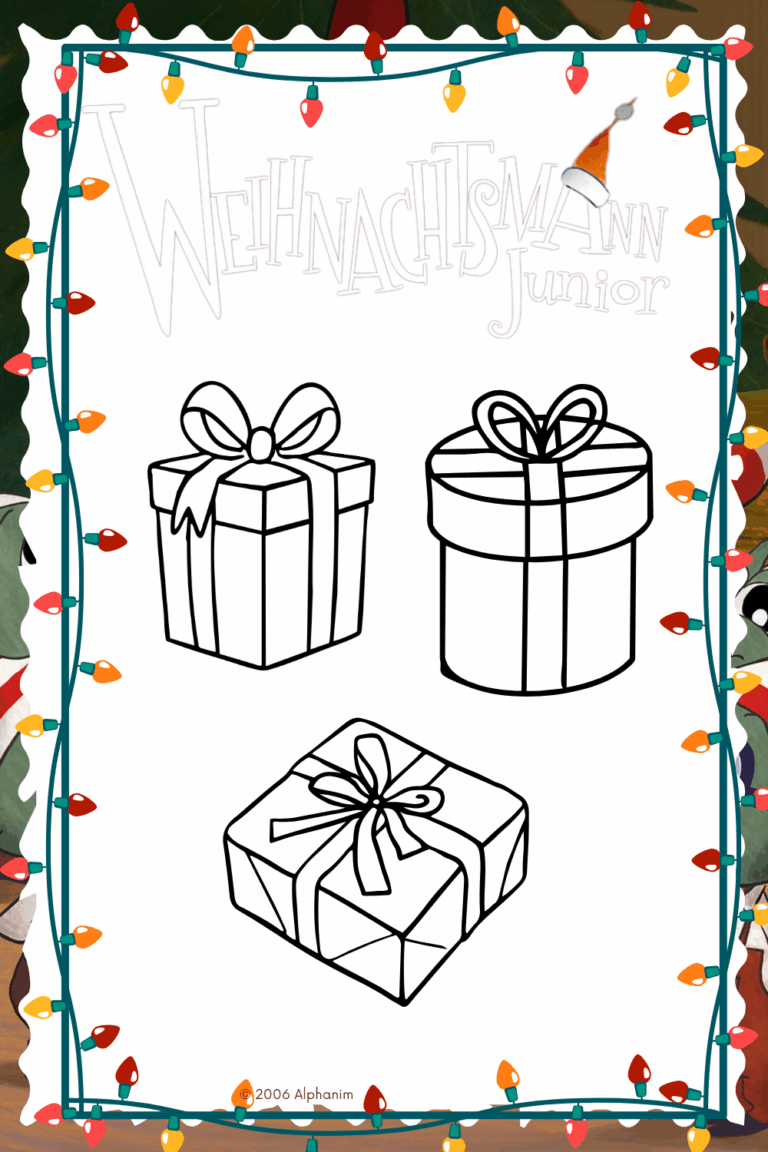 Man sieht Malvorlagen von drei Geschenken, die ausgemalt werden können.