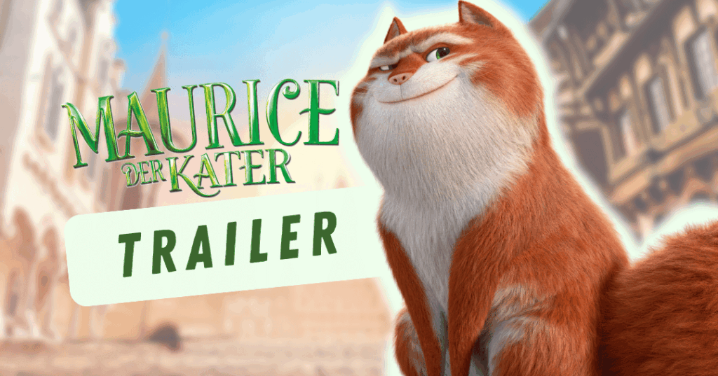 Thumbnail zum YouTube-Trailer zum Kinofilm von "Maurice, der Kater". Man sieht die rot-getigerte Katze Maurice mit dem Logo und dem Wort "Trailer"