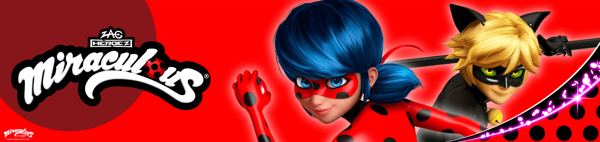 Hier sieht man ein Banner Bild mit den Miraculous Charakteren Ladybug und Cat Noir. Dieses ist das Startbild für die Kreativseite zu Miraculous.