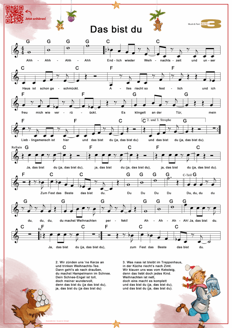 Man sieht die Noten zu Lied Das bist du und Zeichnungen aus dem Hörspiel-Cover.