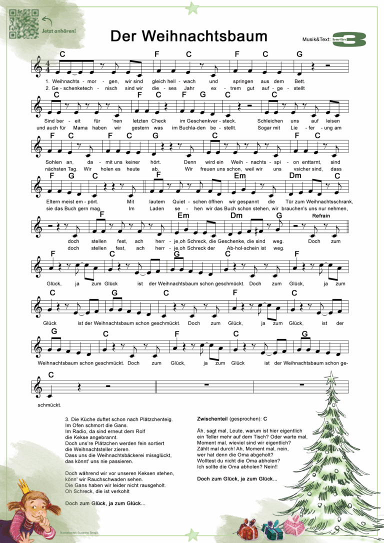 Man sieht die Noten zu Lied Der Weihnachtsbaum und Zeichnungen aus dem Hörspiel-Cover.