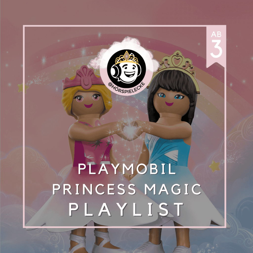 Hier sieht man das Cover zur Playlist von Playmobil - Princess Magic. Dieses Bild beinhaltet die Regenbogenprinzessinnen und zeigt an, dass es sich um eine Playlist handelt, die für Kinder ab 3 Jahren geeignet ist, damit die Geschichten der Original-Hörspiele verstanden werden. Die Playlist ist auf allen Streamingplattformen verfügbar und beinhaltet alle Hörspiel-Folgen.