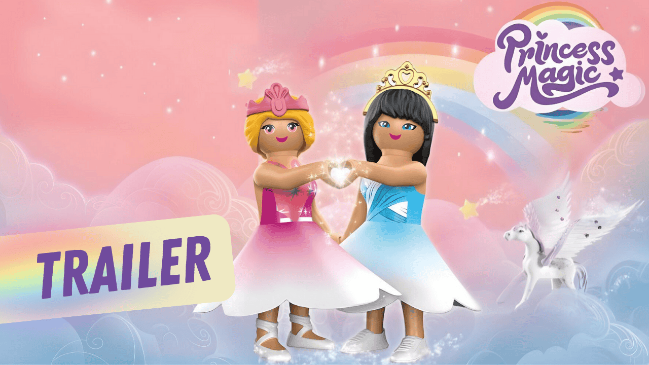 Hier sieht man das Thumbnail zum YouTube-Trailer zu den Original-Hörspielen von Playmobil - Princess Magic. Darauf zu sehen sind die Regenbogenprinzessinnen und der Schriftzug "Trailer" sowie das Logo von Princess Magic