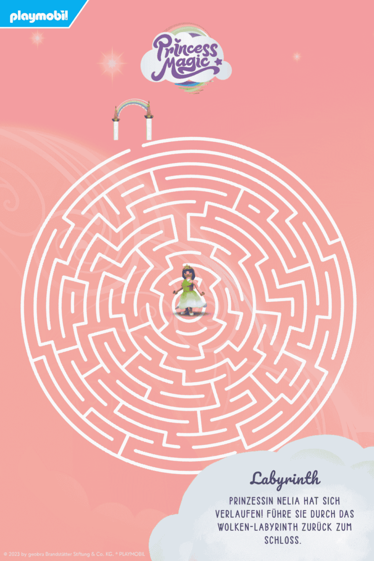 Hier sieht man ein Labyrinth zu den Original-Hörspielen von Playmobil - Princess Magic. In diesem ist eine Prinzessin in der Mitte gefangen und man soll ihr helfen, zurück zum Wolkenschloss zu gelangen.