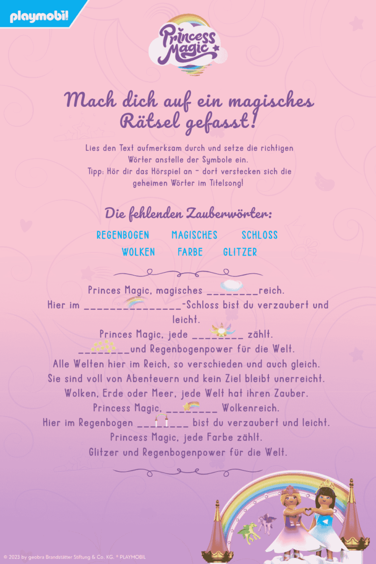 Hier sieht man einen Lückentext basierend auf dem Titelsong zum Original-Hörspiele von Playmobil - Princess Magic. In diesem werden Begriffe gesucht, die symbolisch aber hinterlegt sind und auch die Wörter, die fehlen wurden angegeben. Dieses Asset kann man herunterladen, das Hörspiel dazu anhören und dann ausfüllen.